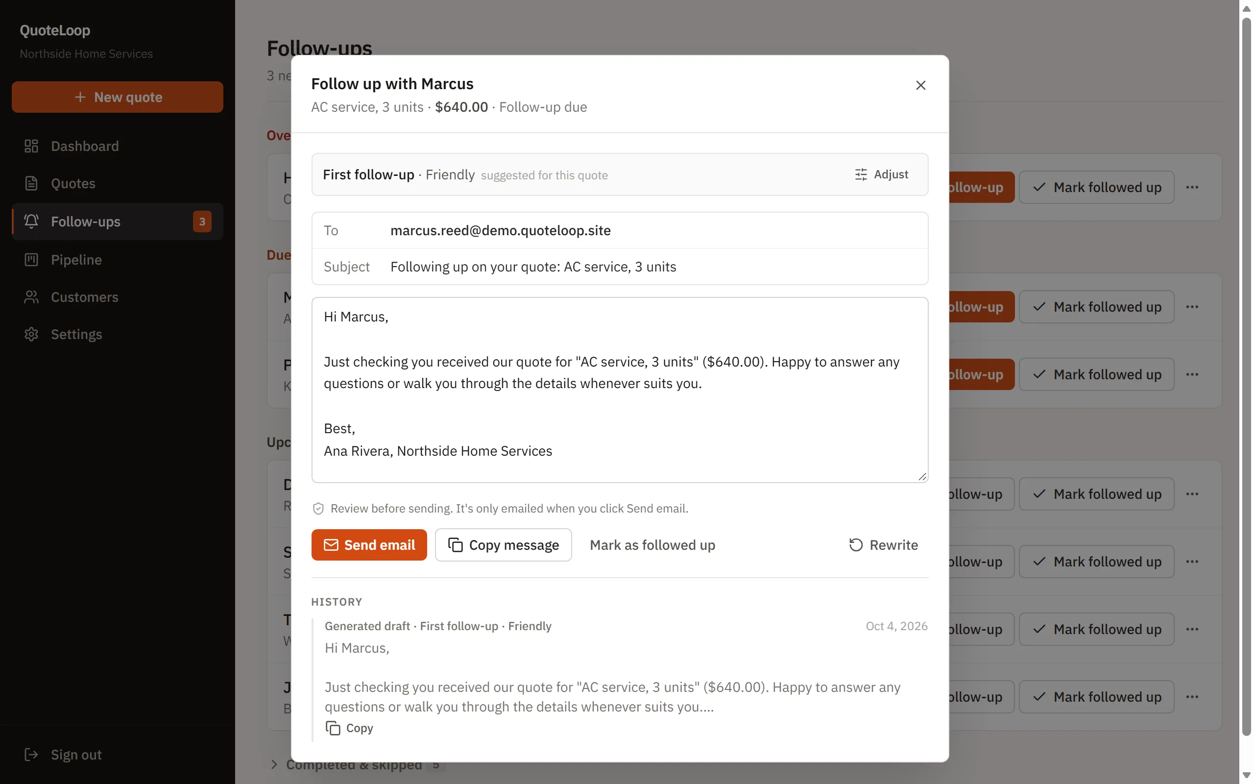 The follow-up writer with a drafted email to Marcus about his AC service quote, and Send email and Copy message buttons