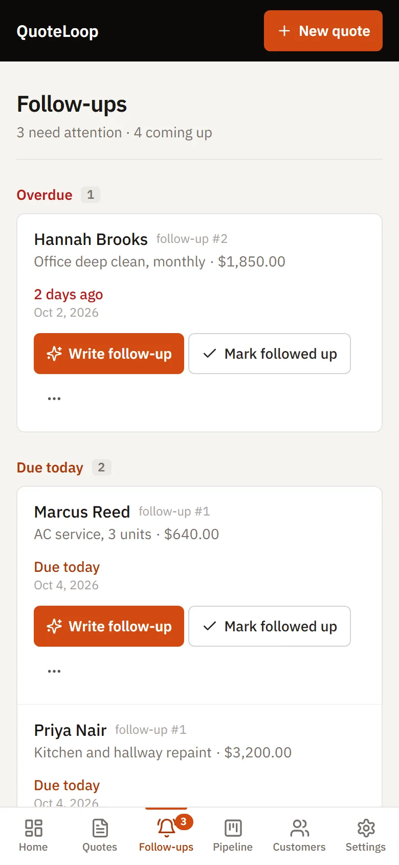 The Follow-ups page on a phone